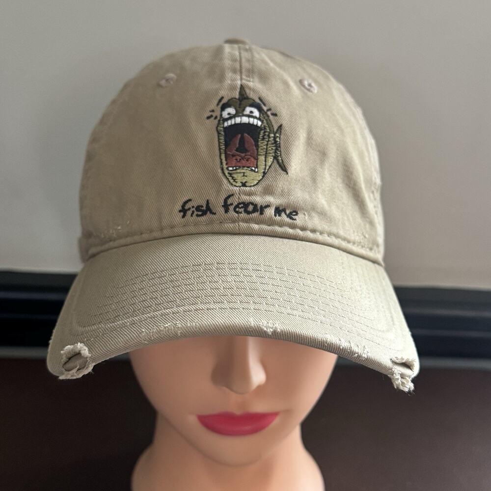 Fish Fear Me Bass Pro Shops Hat Distressed Fishing Cap Tan Adjustable